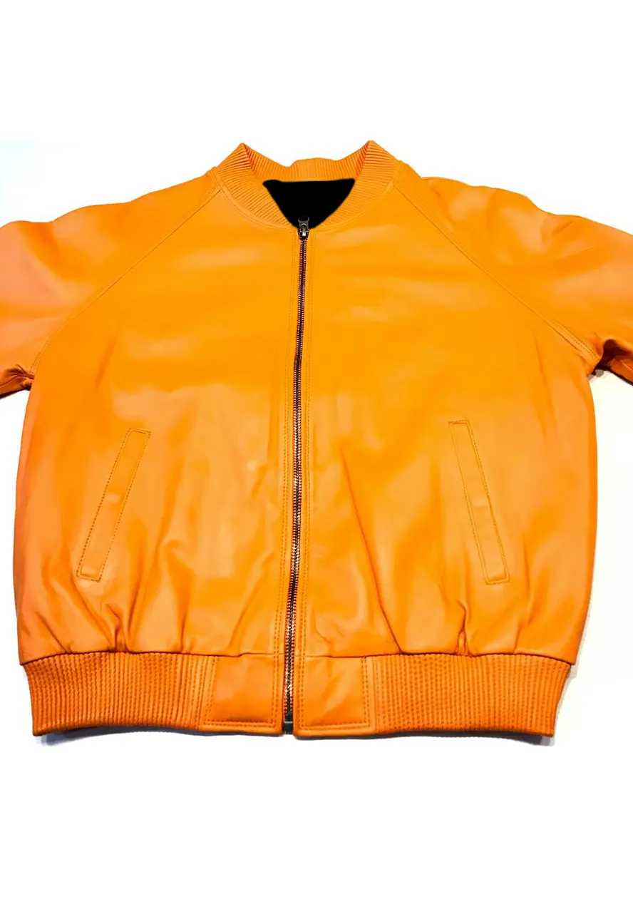 Unisex Orange Leather Bomber Jacket orange bomber leather jacket