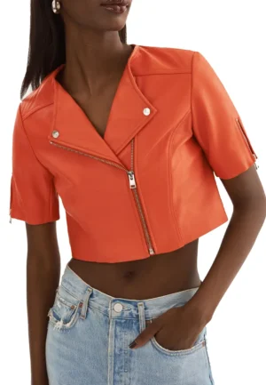 orange cropped leather jacket
