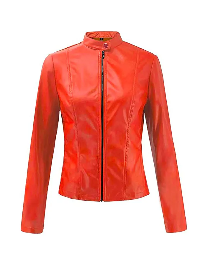 Women’s Casual Orange Leather Biker Jacket orange leather biker jacket