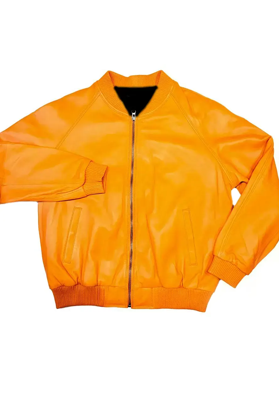Unisex Orange Leather Bomber Jacket orange leather bomber jacket