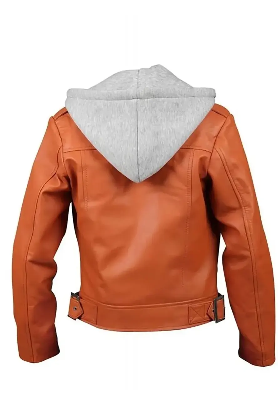 Women’s Orange Leather Jacket with Hood orange leather jacket hood