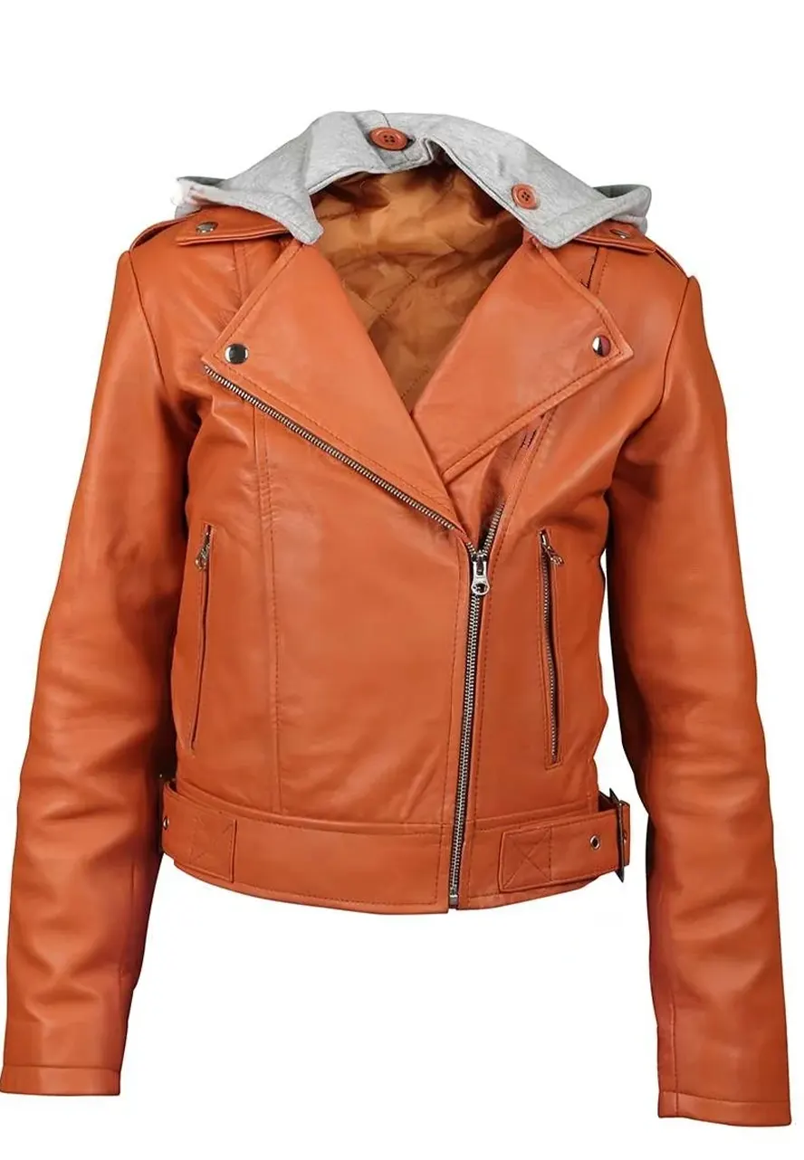 Women’s Orange Leather Jacket with Hood orange leather jacket with hood