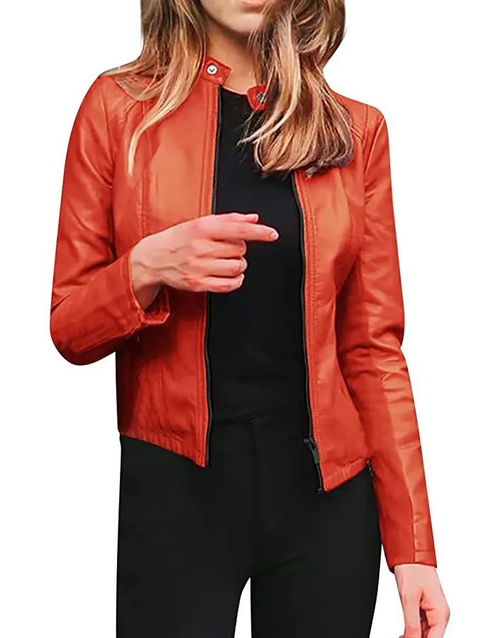 Women’s Casual Orange Leather Biker Jacket orange leather jacket womens