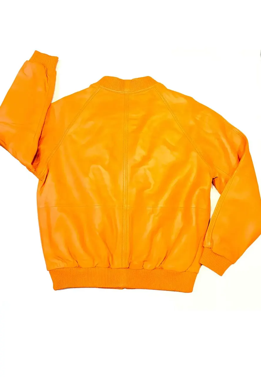 Unisex Orange Leather Bomber Jacket orange leather jacket