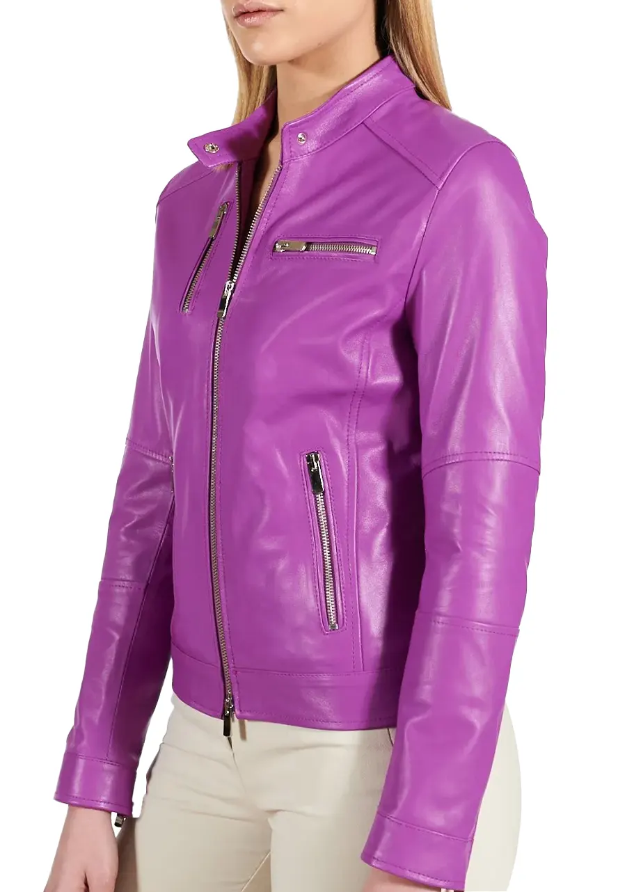 Women’s Slim Fit Leather Biker Jacket purple biker leather jacket
