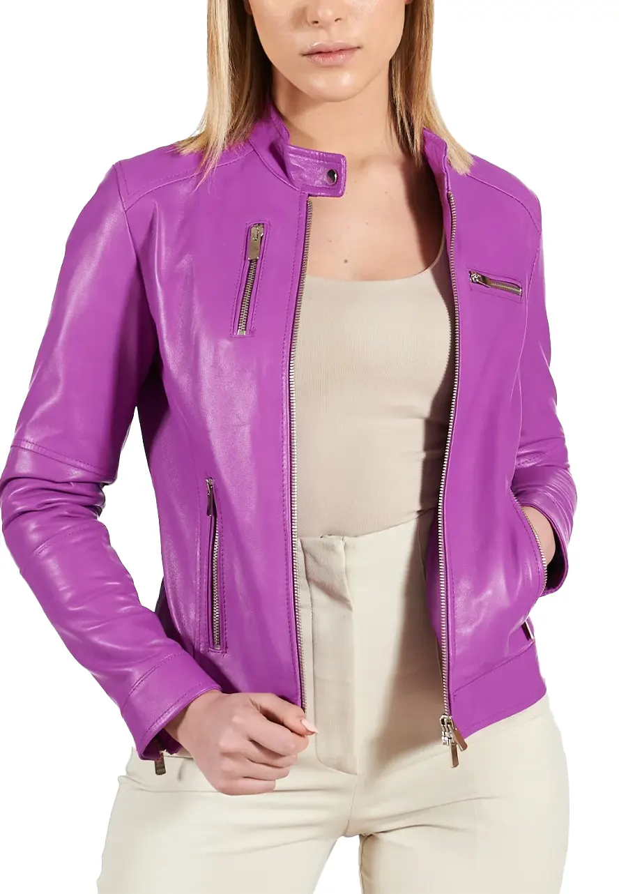 Women’s Slim Fit Leather Biker Jacket purple slim fit jacket