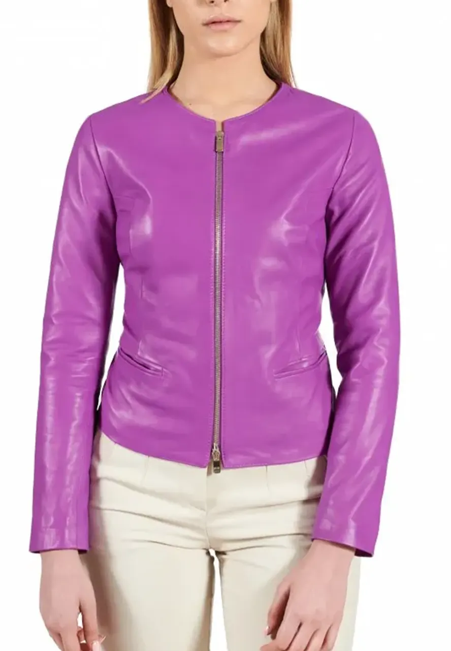 Women’s Round Collar Leather Jacket round collar leather jacket