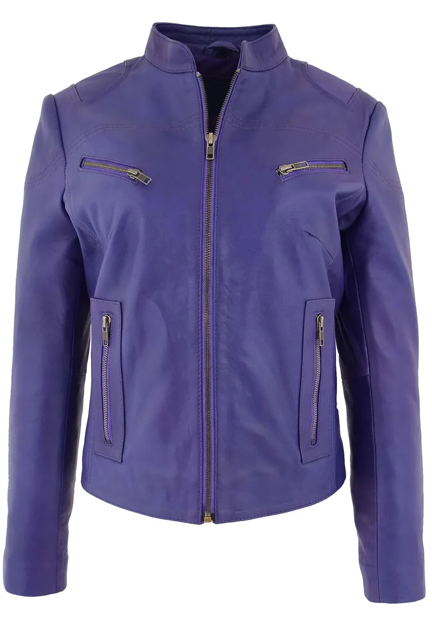 Women’s Purple Stand Collar Leather Jacket stand collar leather jacket