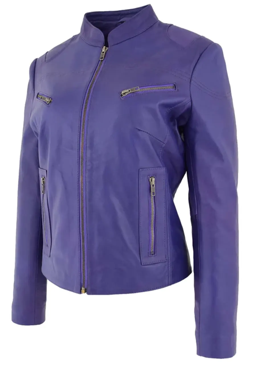 Women’s Purple Stand Collar Leather Jacket stand up collar leather jacket