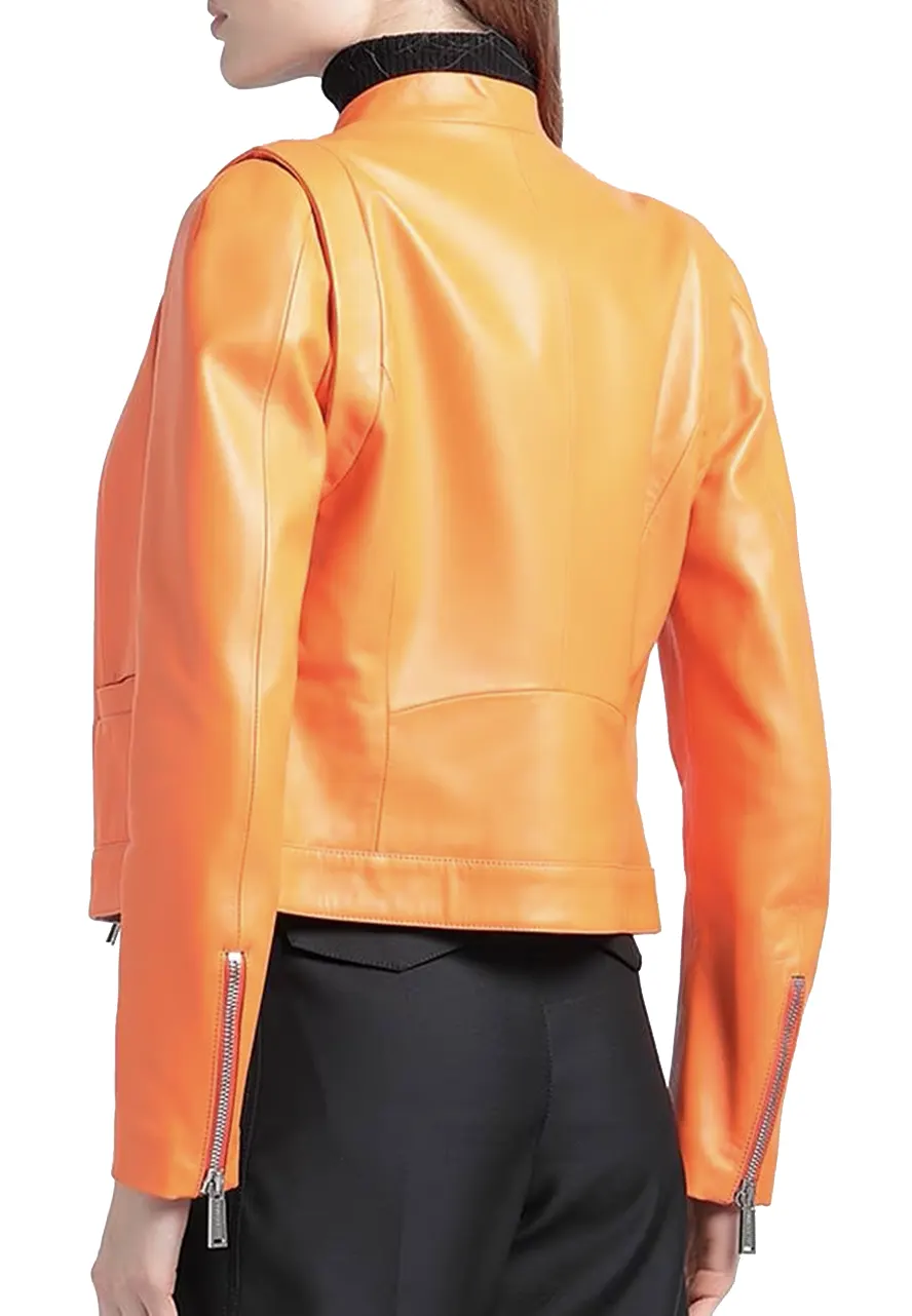 Women’s Orange Leather Moto Jacket womens orange leather jacket