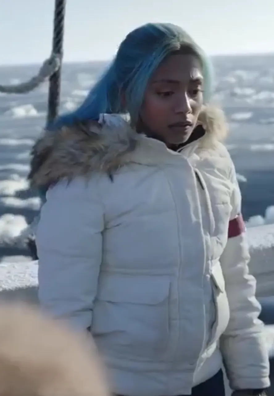 One Piece S02 Charithra Chandran White Puffer Jacket charithra chandran jacket