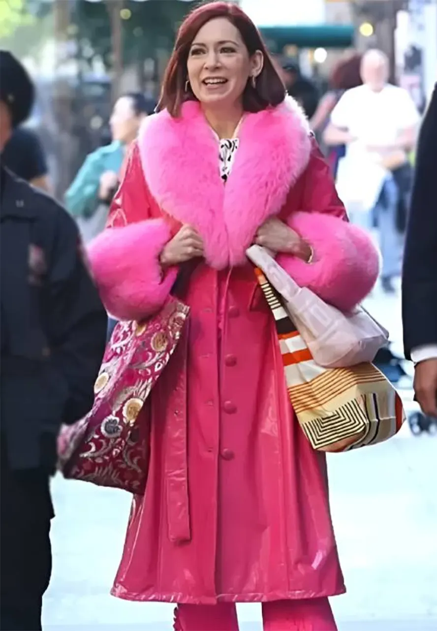 Elsbeth S03 Carrie Preston Long Pink Leather Coat carrie preston pink fur coat