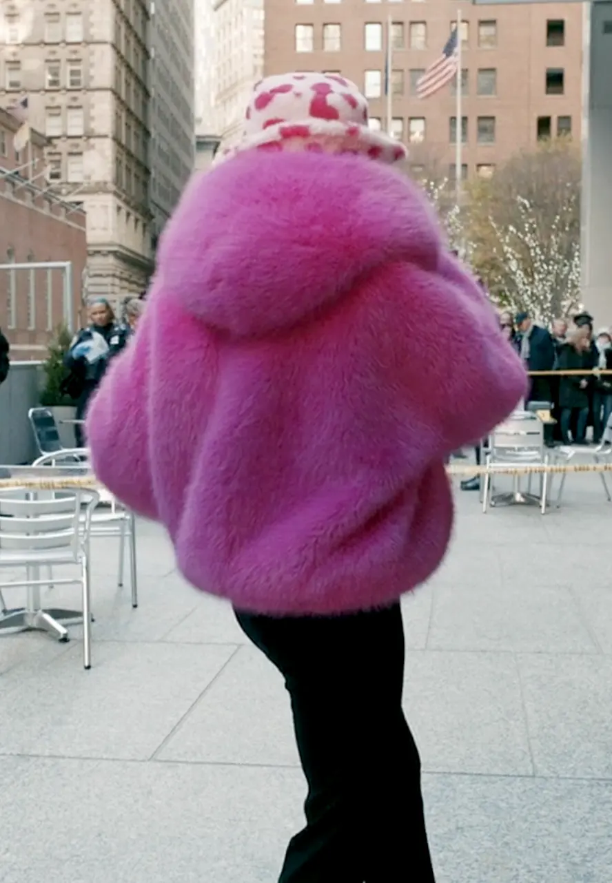 Elsbeth S02 Carrie Preston Pink Faux Fur Cropped Jacket elsbeth tascioni pink faux fur jacket