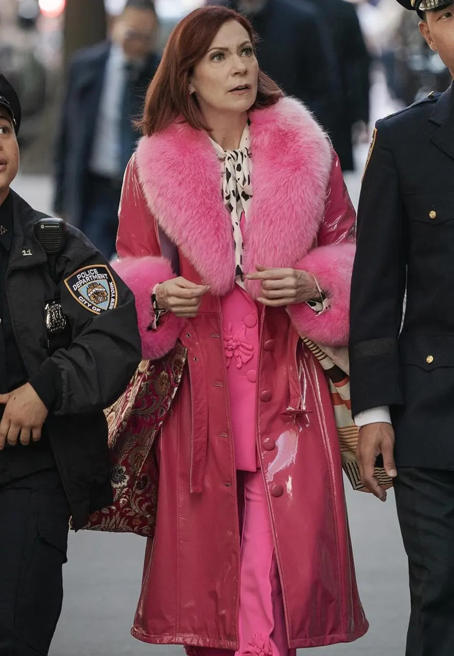 Elsbeth S03 Carrie Preston Long Pink Leather Coat long pink leather coat
