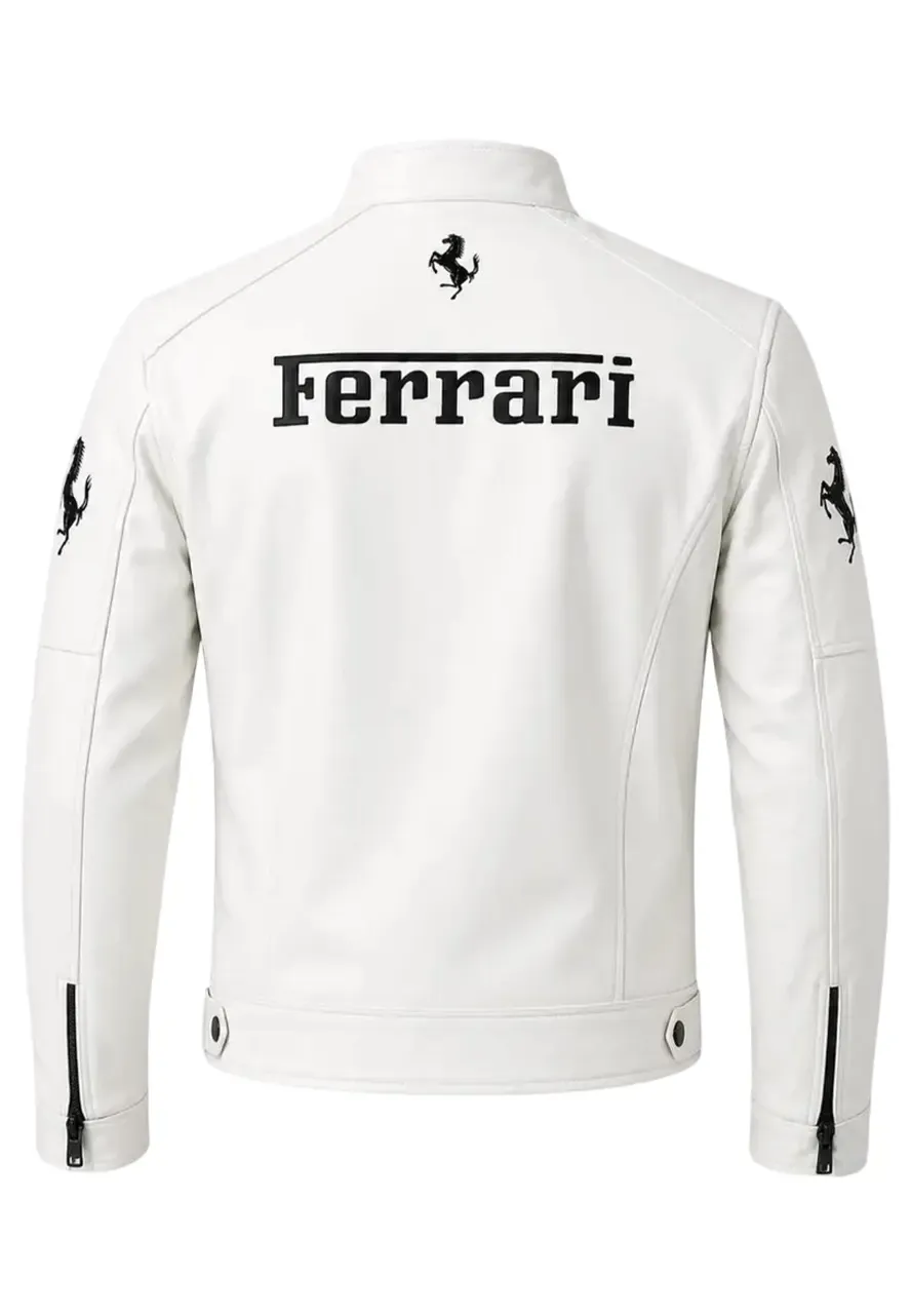 Formula 1 Ferrari White Leather Jacket ferrari formula 1 jacket