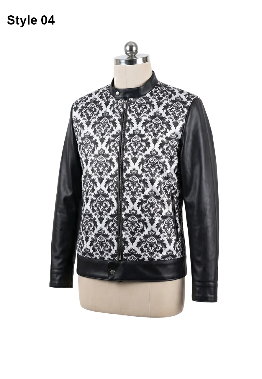 Crimson Damask Jacquard Jacket floral print black leather sleeves jacket