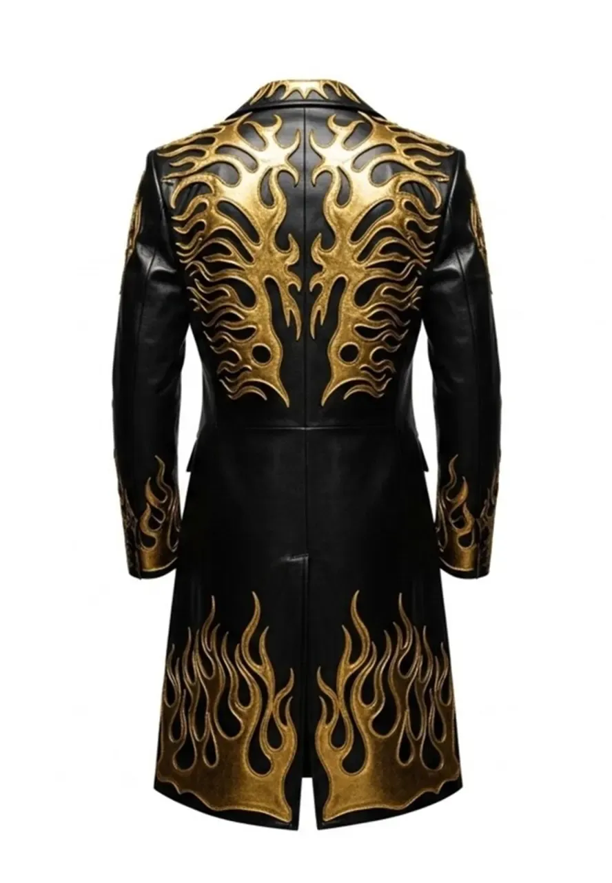 Men's Black Leather Gothic Long Coat gold flame coat