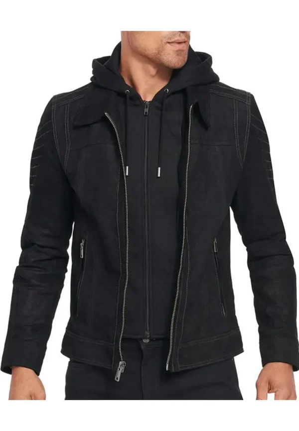 mens suede black leather hooded jacket