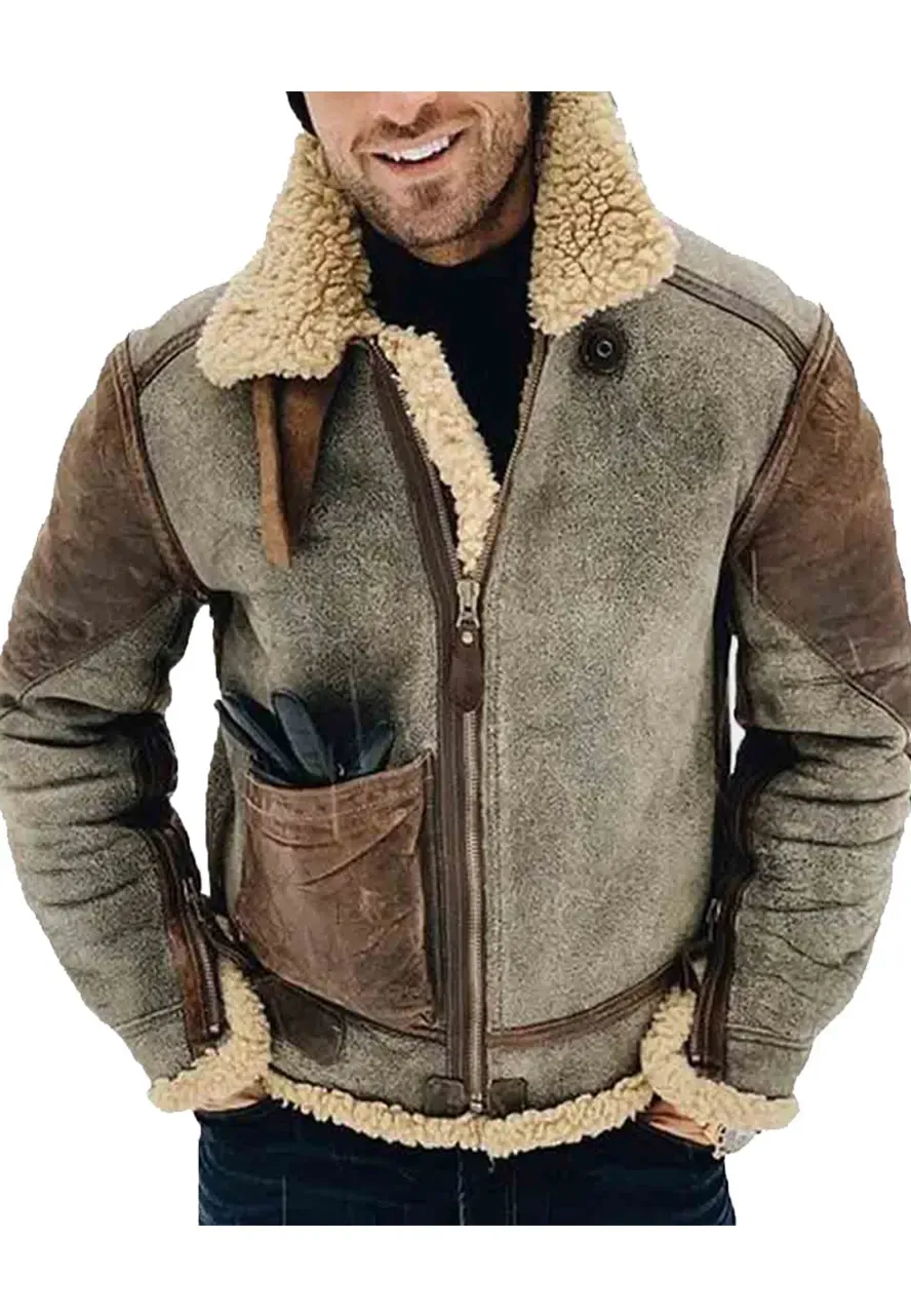 Men's WFJ02 Brown and Grey Shearling Leather Jacket men's wfj02 brown and grey shearling jacket