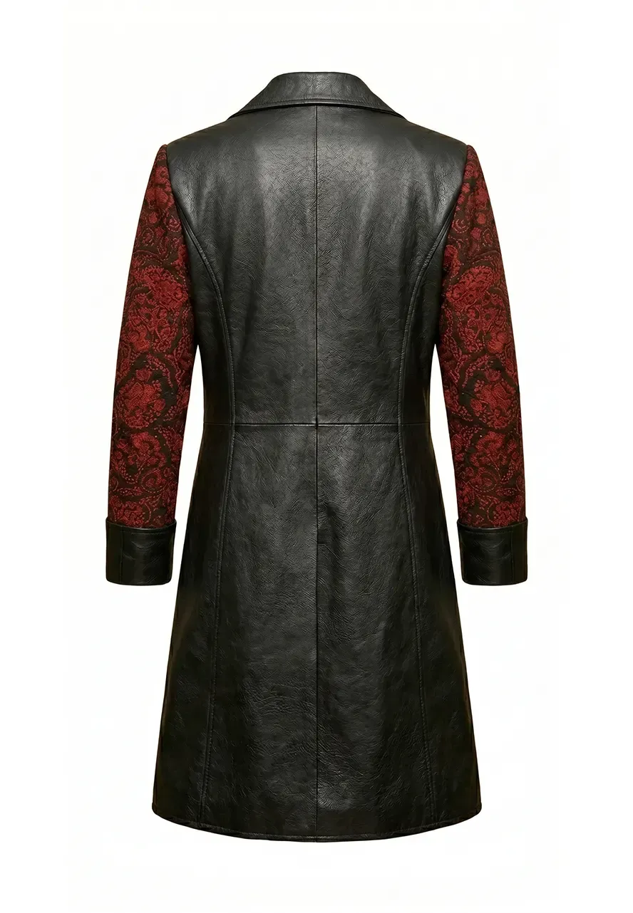 Gothic Black Leather Military Trench Coat red brocade coat