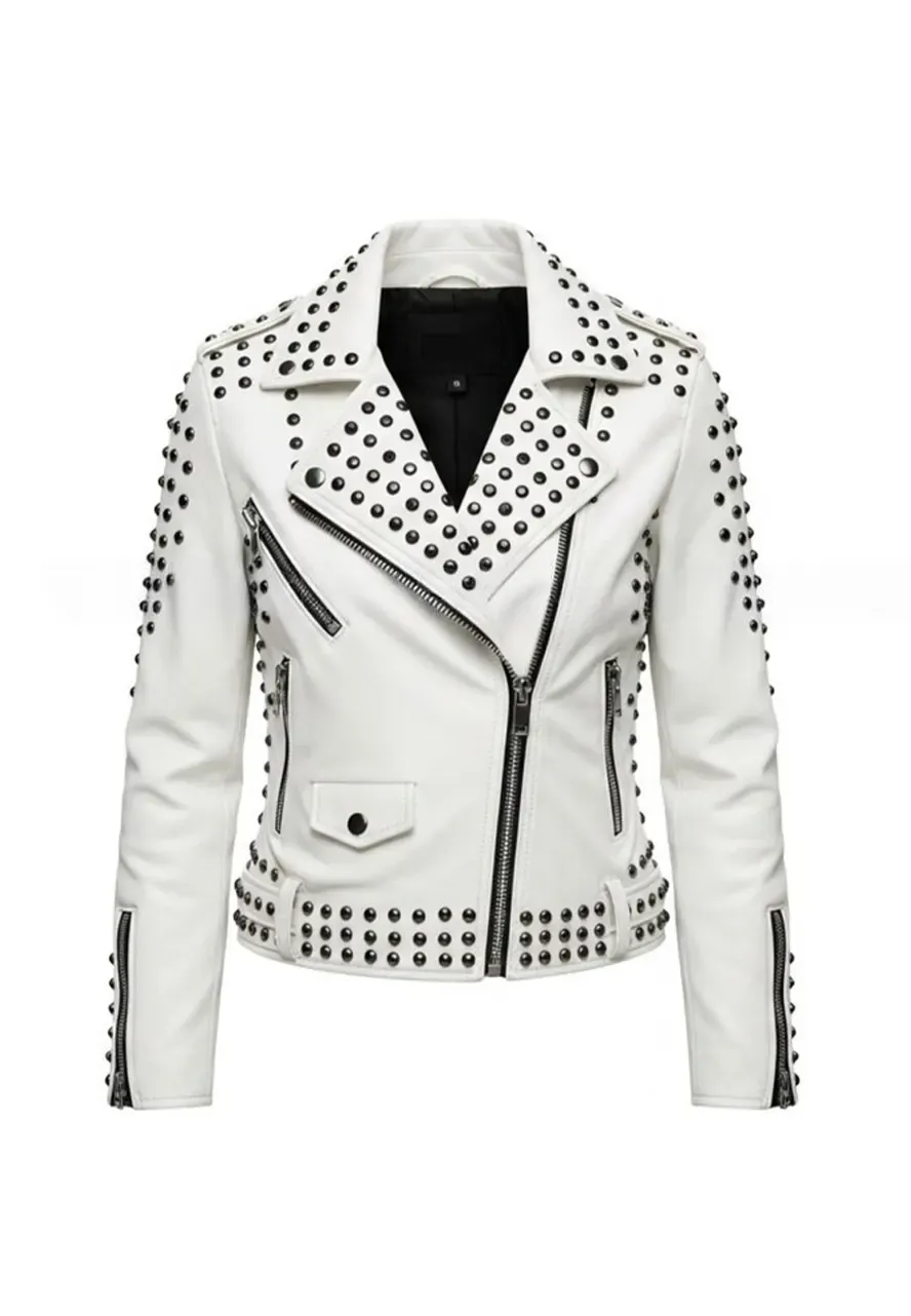 Women’s Studded Bat Leather Jacket white studded leather jacket