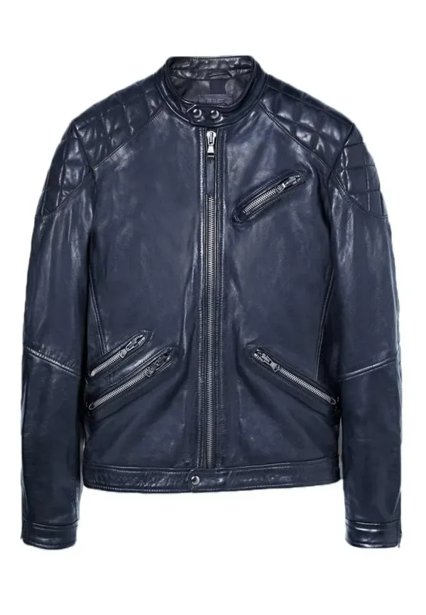 blue leather biker jacket