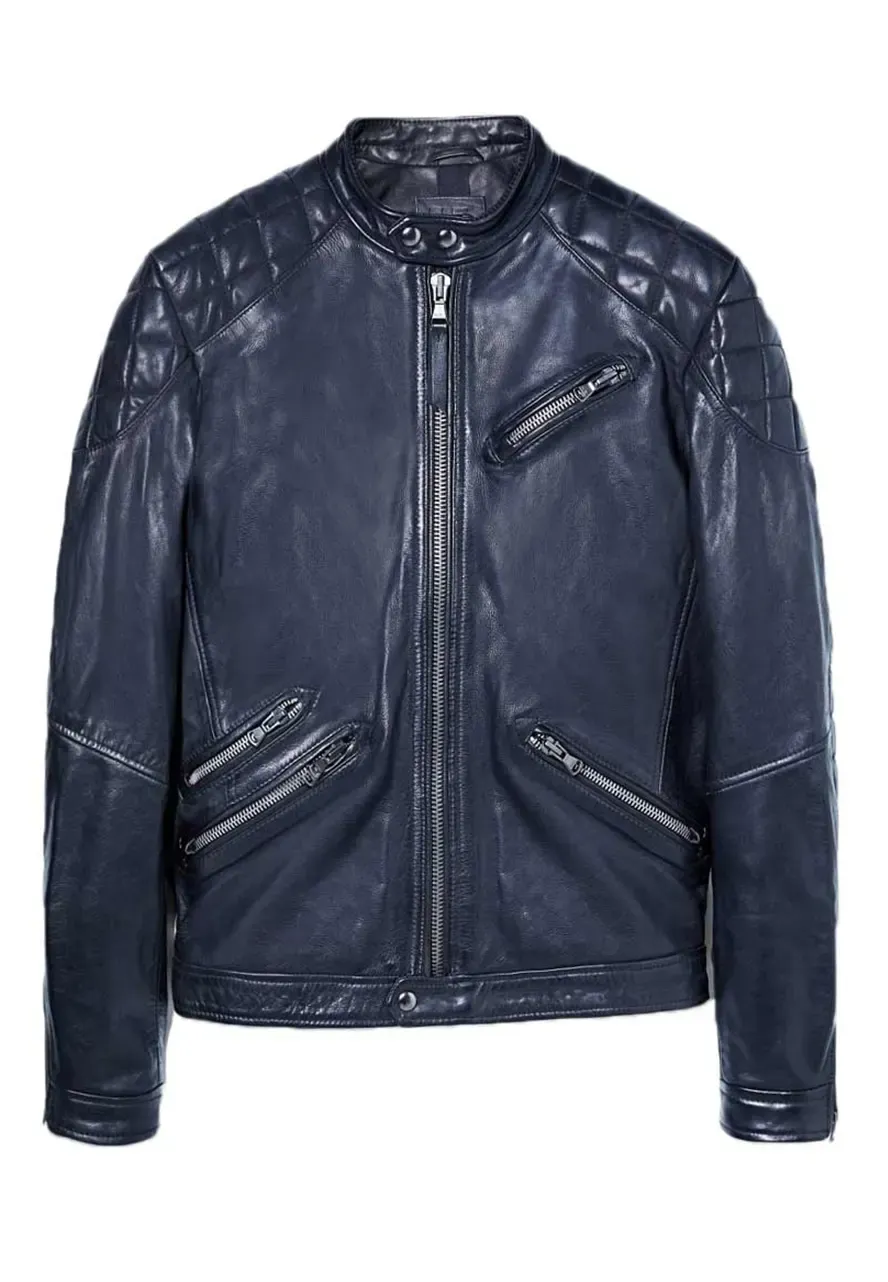 Men's Zipper Pocket Blue Leather Motorcycle Jacket blue leather biker jacket