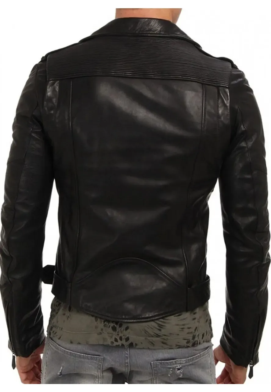Men's Asymmetrical Design Cropped Biker Black Leather Jacket cropped black leather biker jacket