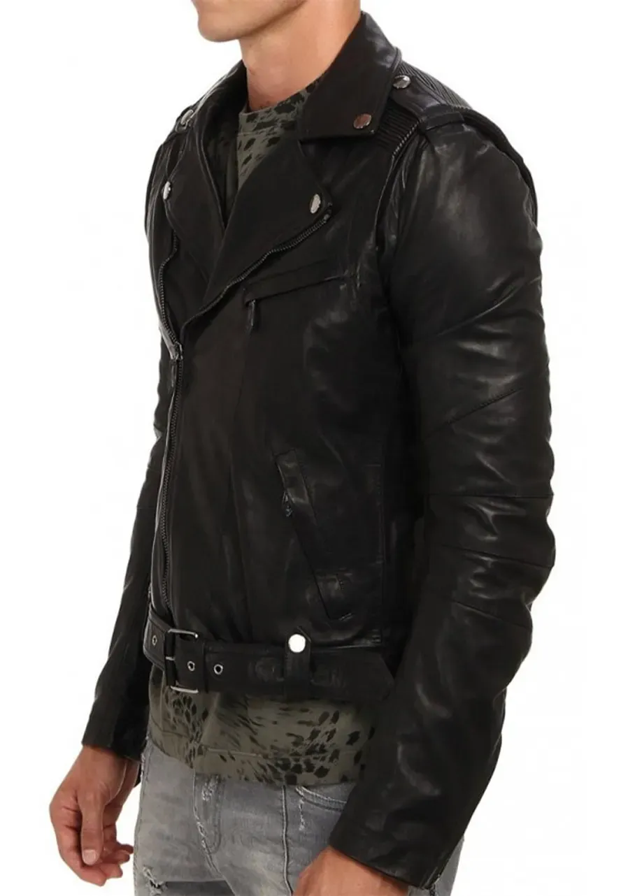 Men's Asymmetrical Design Cropped Biker Black Leather Jacket cropped leather jacket