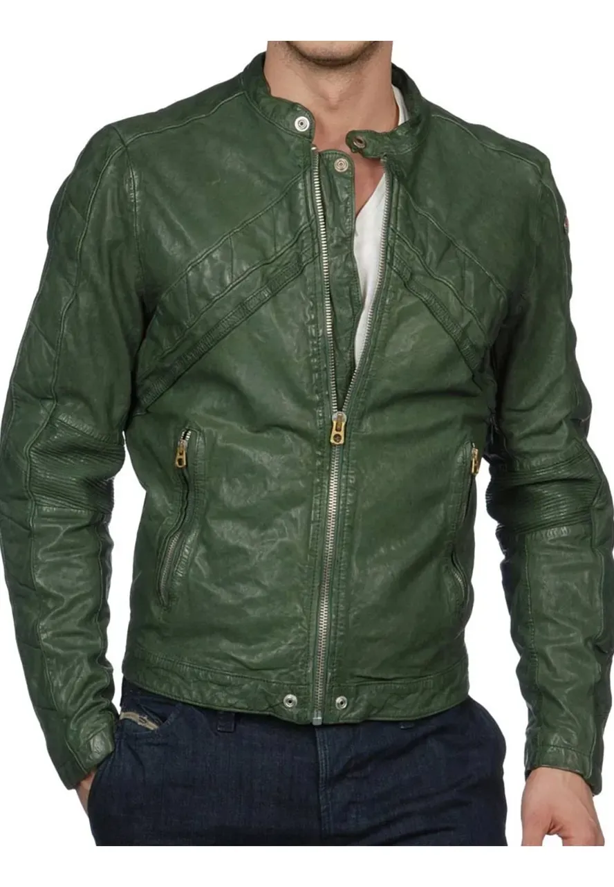 Men's Casual Wear Green Leather Motorcycle Jacket green leather biker jacket