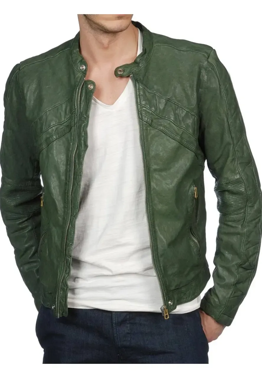 Men's Casual Wear Green Leather Motorcycle Jacket green leather jacket