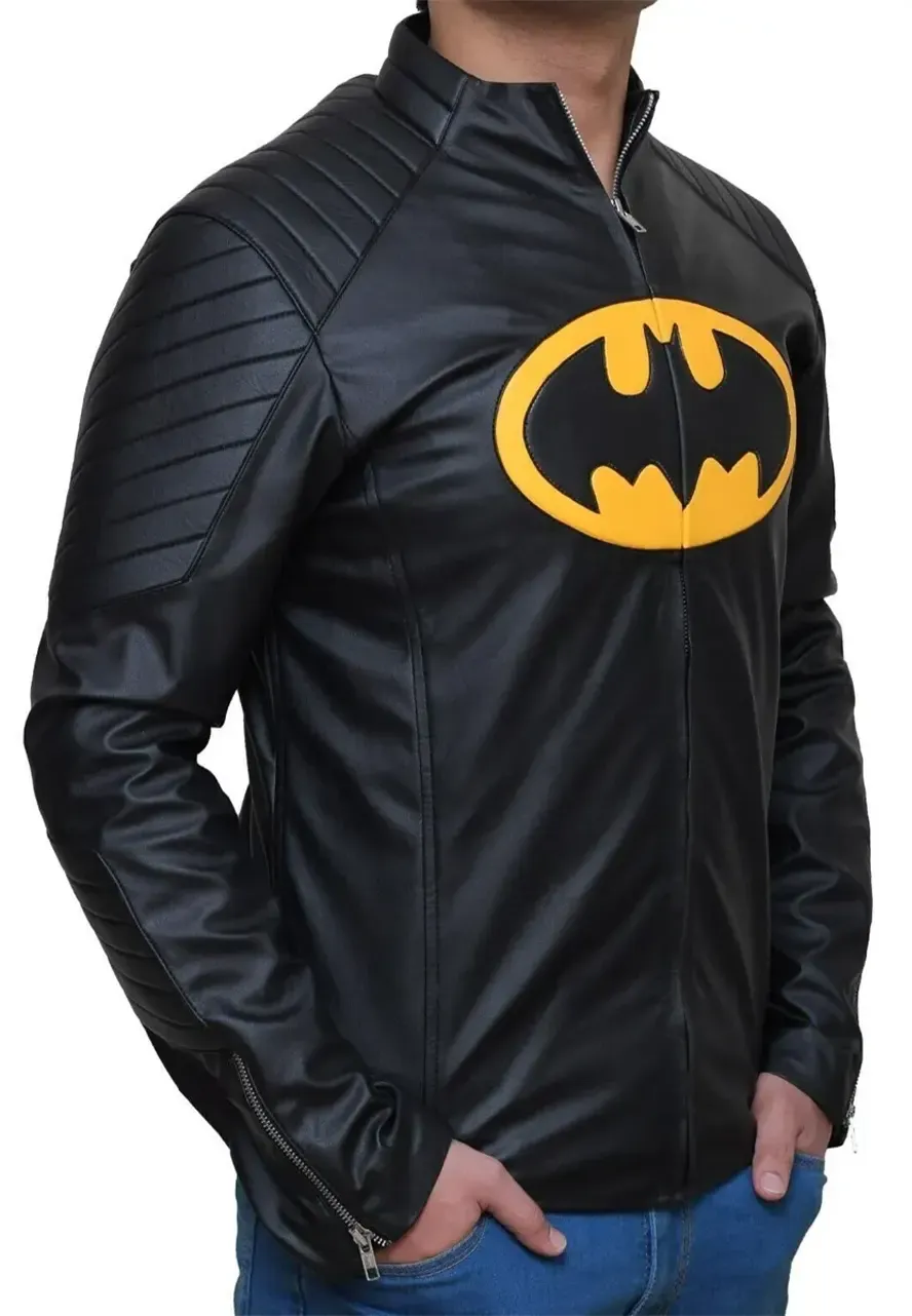 The Lego Batman Yellow Padded Logo Leather Jacket lego batman jacket