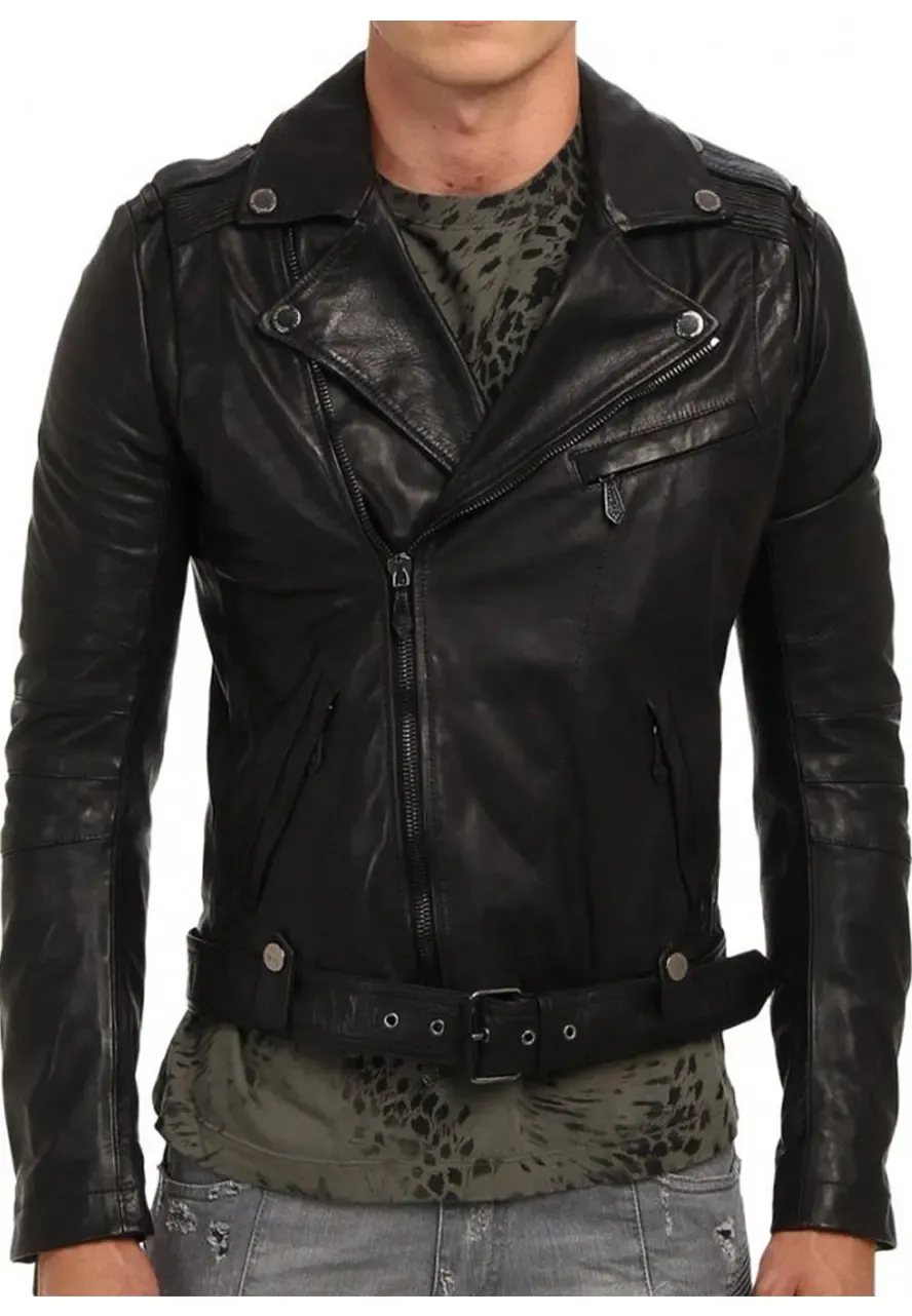 Men's Asymmetrical Design Cropped Biker Black Leather Jacket mens cropped biker black leather jacket