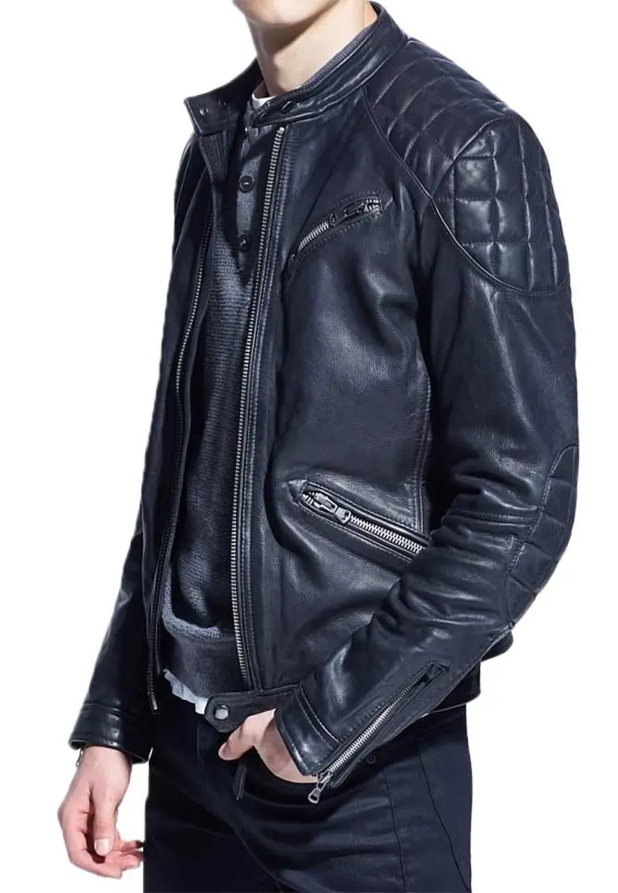 Men's Zipper Pocket Blue Leather Motorcycle Jacket motorcycle blue leather jacket for sale