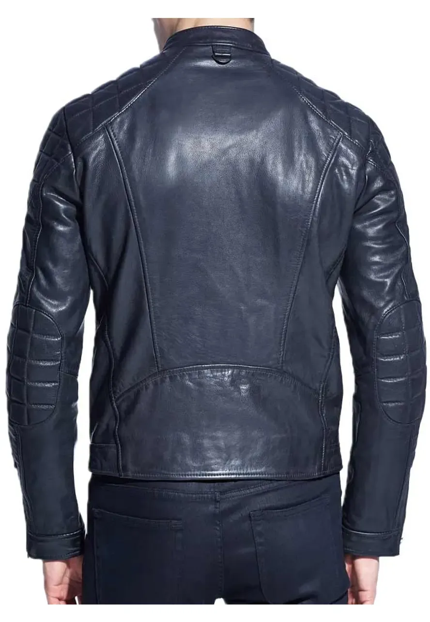 Men's Zipper Pocket Blue Leather Motorcycle Jacket motorcycle blue leather jacket