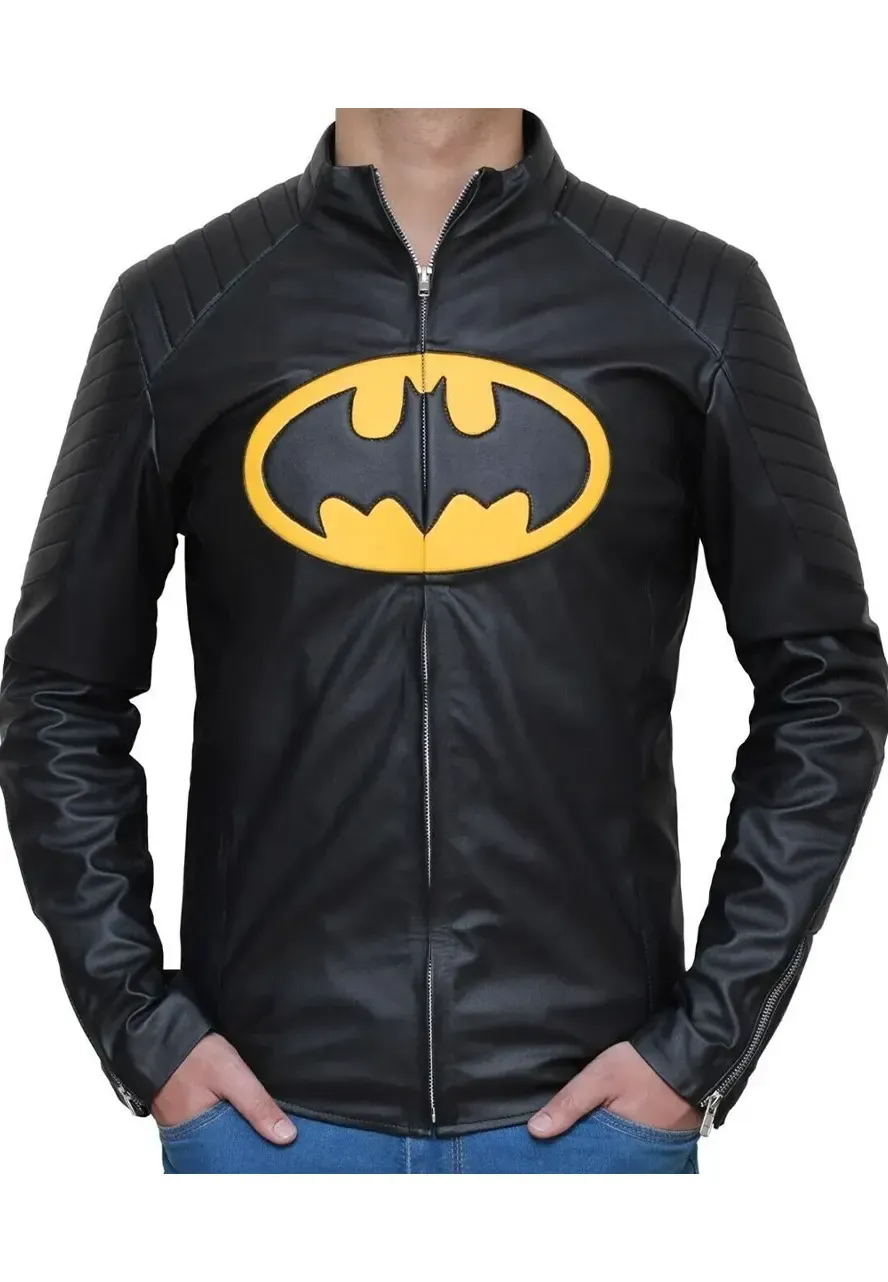 The Lego Batman Yellow Padded Logo Leather Jacket the lego batman leather jacket