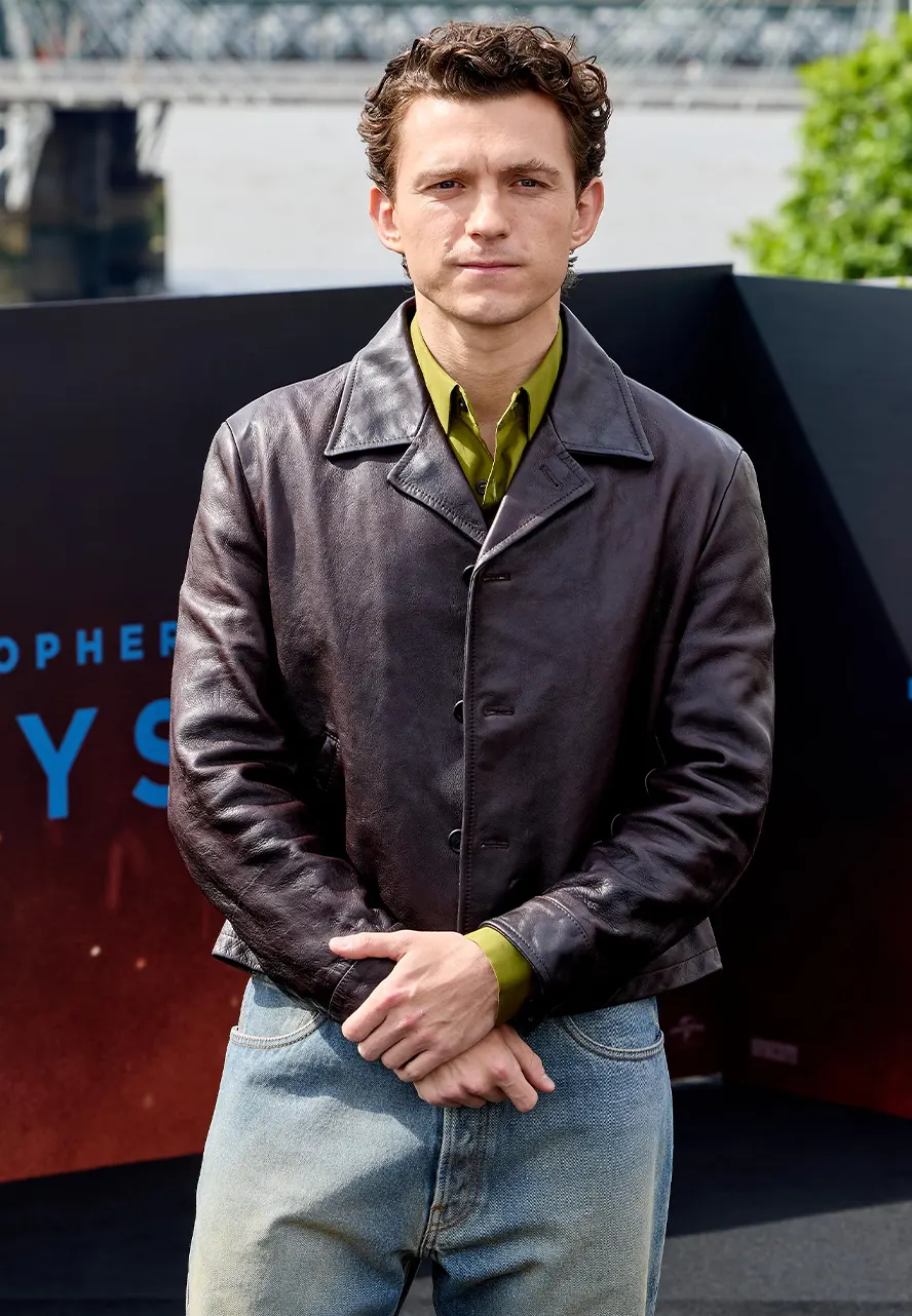 The Odyssey Photocall Tom Holland Brown Leather Jacket the odyssey photocall tom holland brown leather jacket