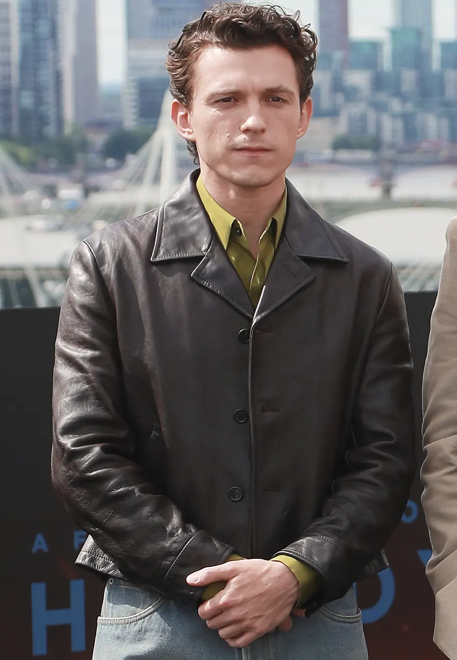 The Odyssey Photocall Tom Holland Brown Leather Jacket the odyssey photocall tom holland leather jacket