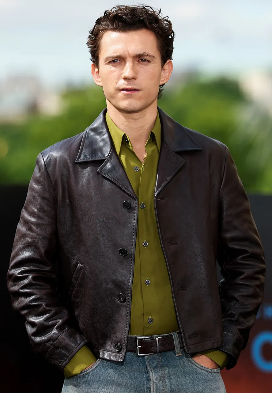 The Odyssey Photocall Tom Holland Brown Leather Jacket tom holland brown leather jacket