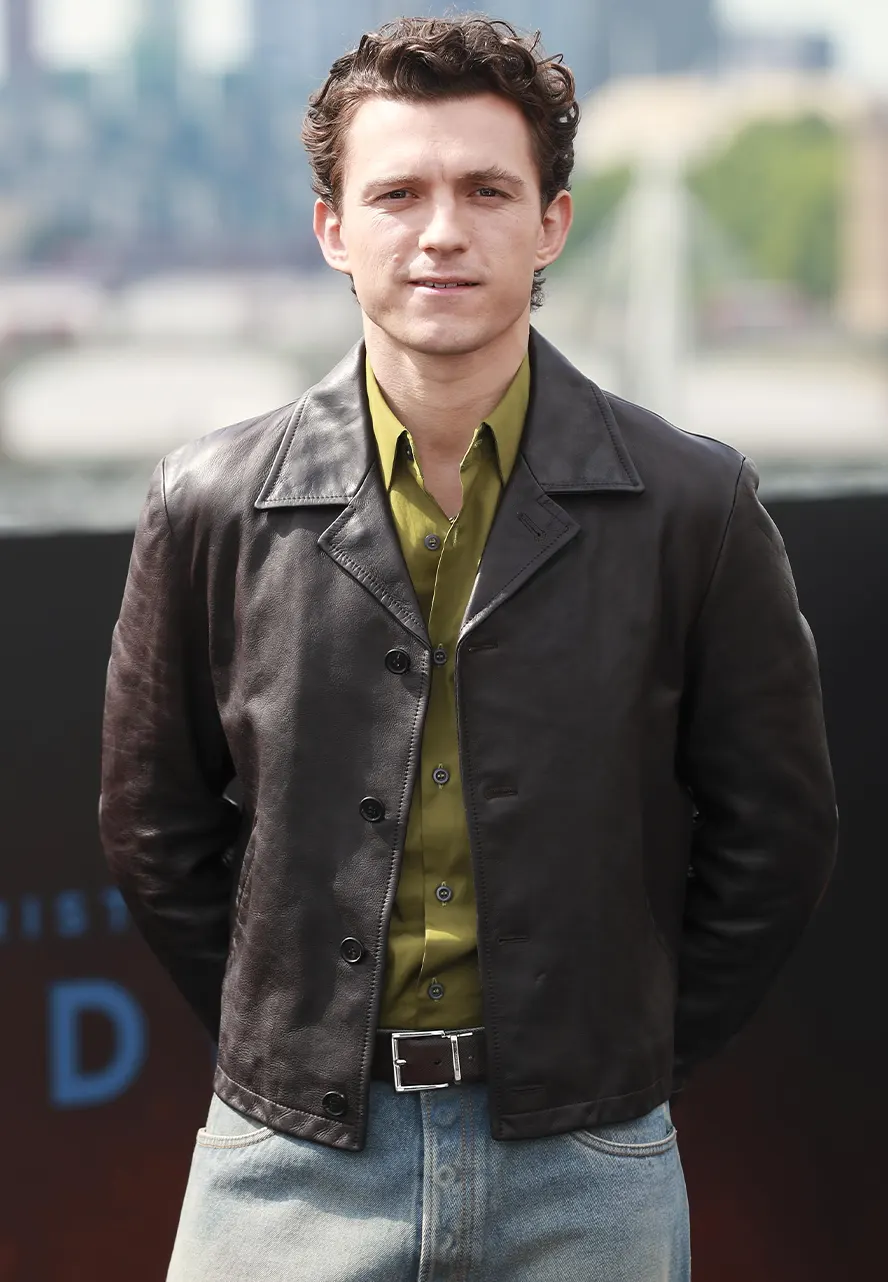 The Odyssey Photocall Tom Holland Brown Leather Jacket tom holland leather jacket