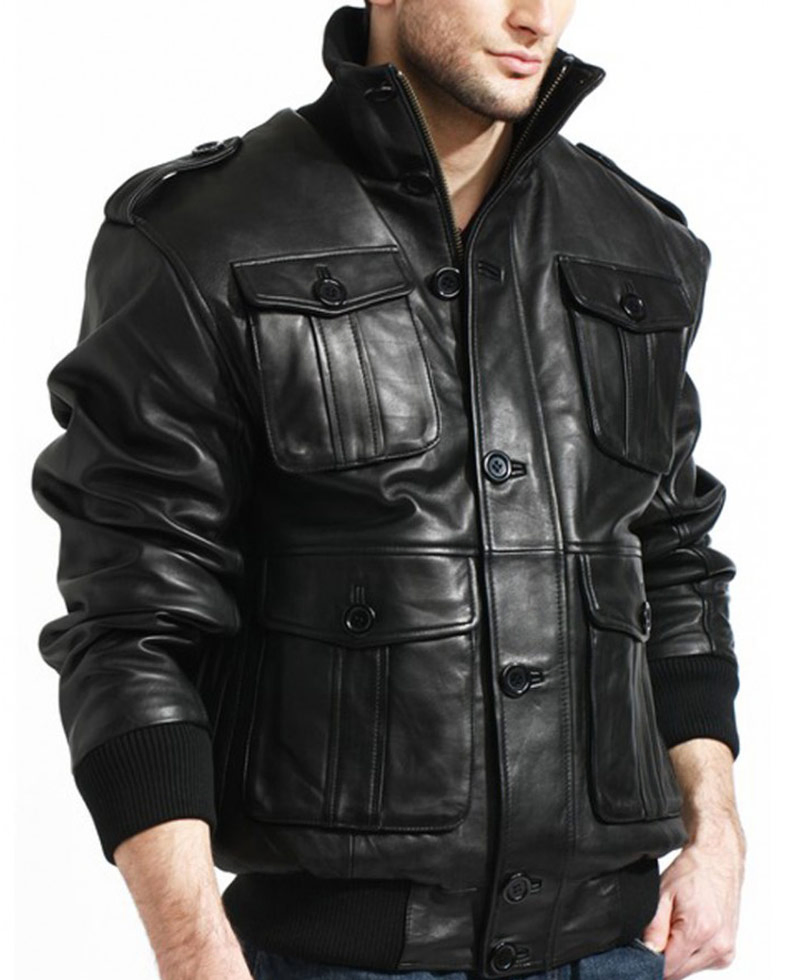 Men's 4 Pocket Black Leather Bomber Jacket