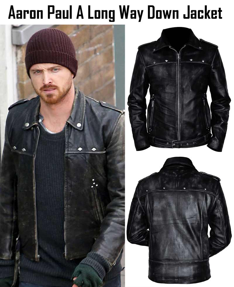 Aaron Paul A Long Way Down Black Distressed Leather Jacket Aaron Paul A Long Way Down Black Distressed Leather Jacket - Image 3