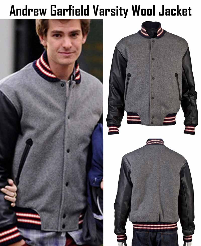 Andrew Garfield Varsity Wool Jacket with Leather Sleeves Andrew Garfield Varsity Wool Jacket with Leather Sleeves - Image 3