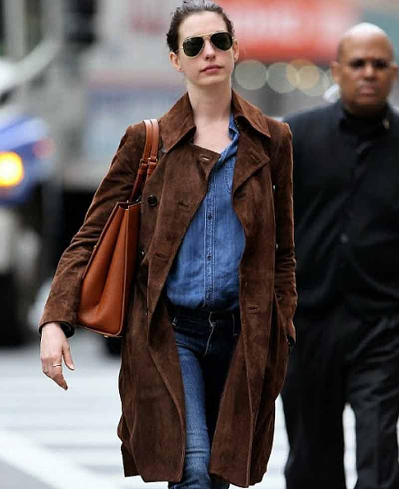 Anne Hathaway Brown Suede Leather Coat Anne Hathaway Brown Suede Leather Coat - Image 3