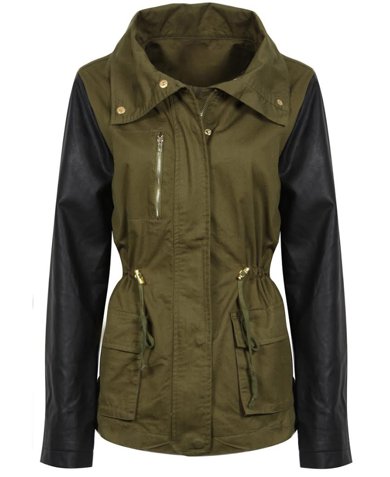 army green jacket with leather sleeves
