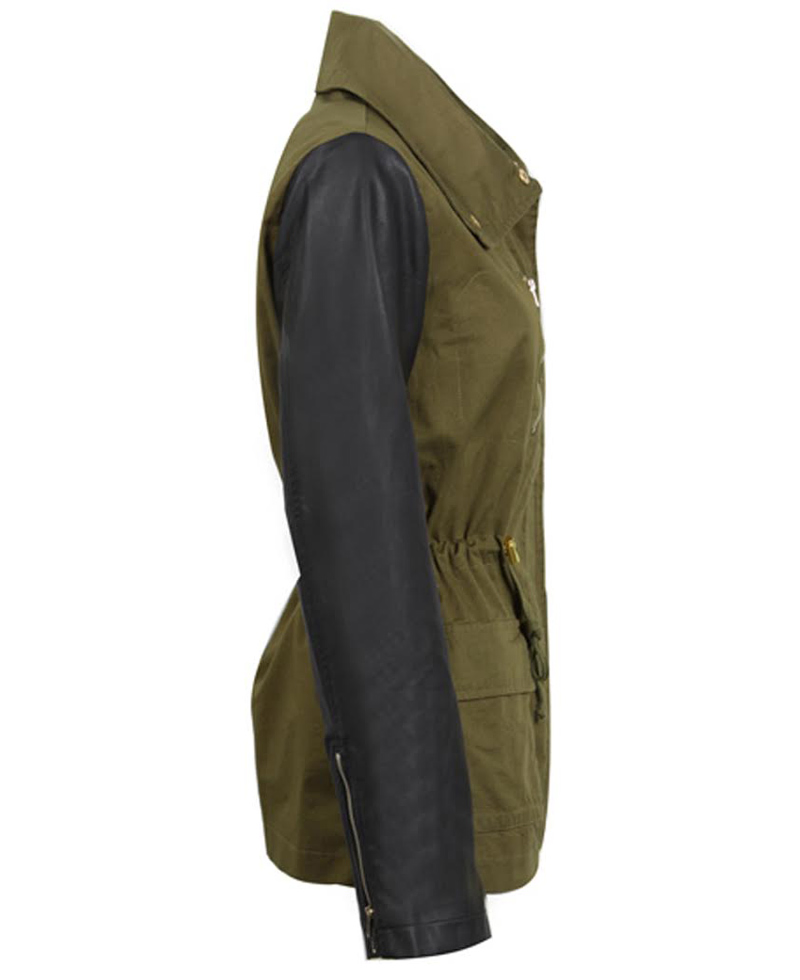 Women's Army Green Jacket with Black Leather Sleeves military jacket with leather sleeves