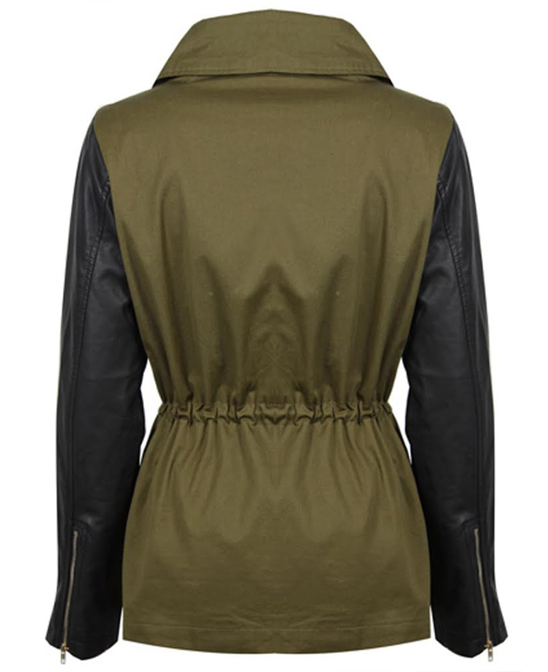 Women's Army Green Jacket with Black Leather Sleeves green jacket with leather sleeves
