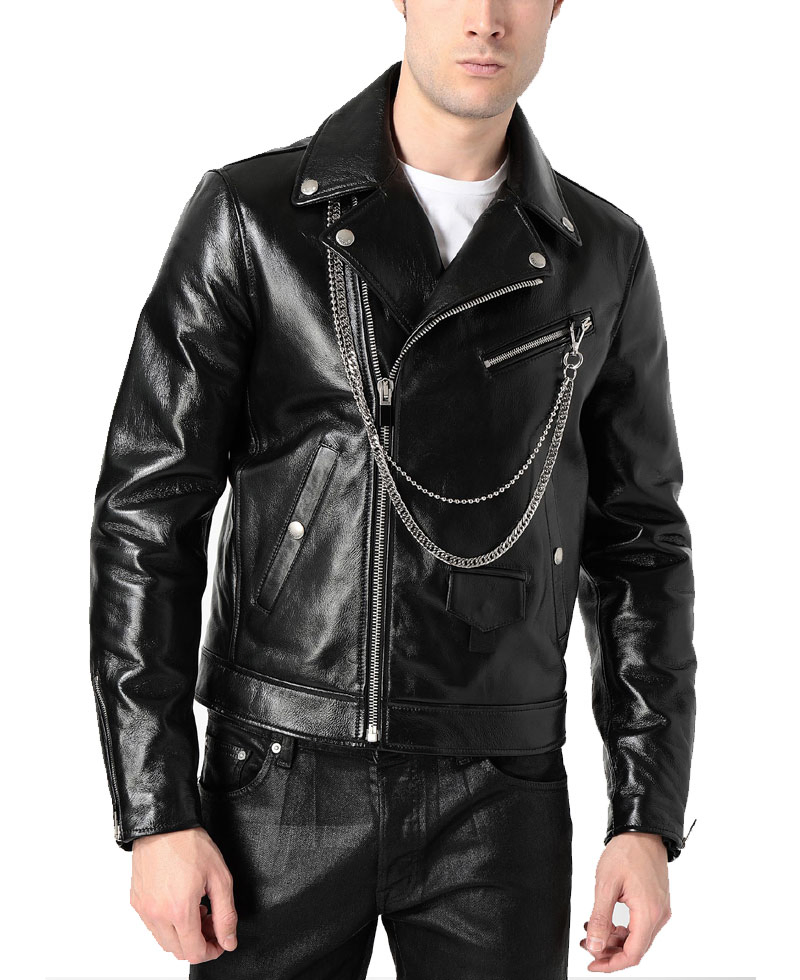 Men's Asymmetrical Zipper Motorcycle Chains Leather Jacket Men's Asymmetrical Zipper Motorcycle Chains Leather Jacket - Image 3