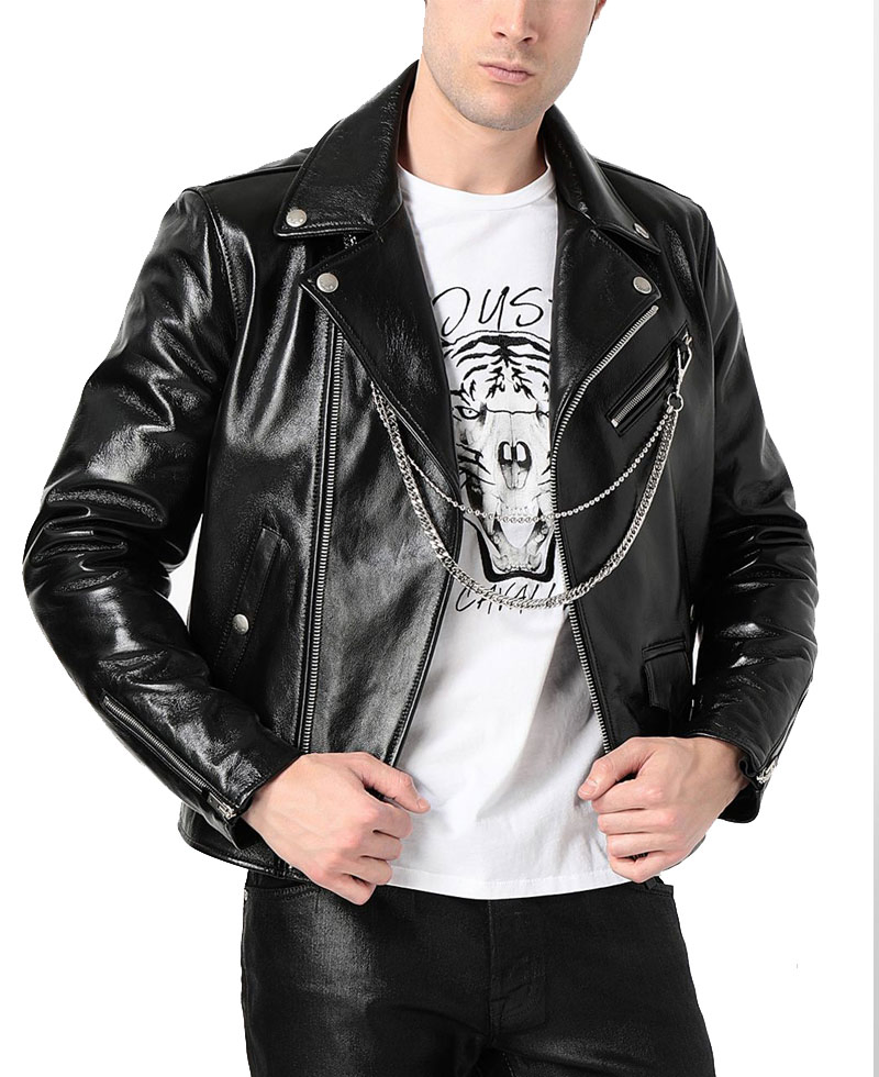 Men's Asymmetrical Zipper Motorcycle Chains Leather Jacket Men's Asymmetrical Zipper Motorcycle Chains Leather Jacket - Image 6