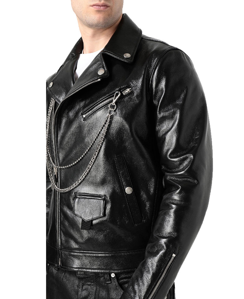 Men's Asymmetrical Zipper Motorcycle Chains Leather Jacket Men's Asymmetrical Zipper Motorcycle Chains Leather Jacket - Image 5